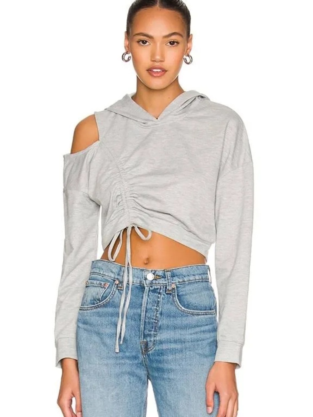 SUPERDOWN Kyla Ruched Cropped Grey Hoodie with Cutout, Cinching, Small